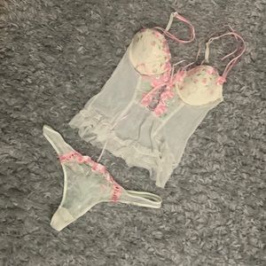 Ivory floral chemise (size S) with pink embroidery & matching thong -(sizeL)